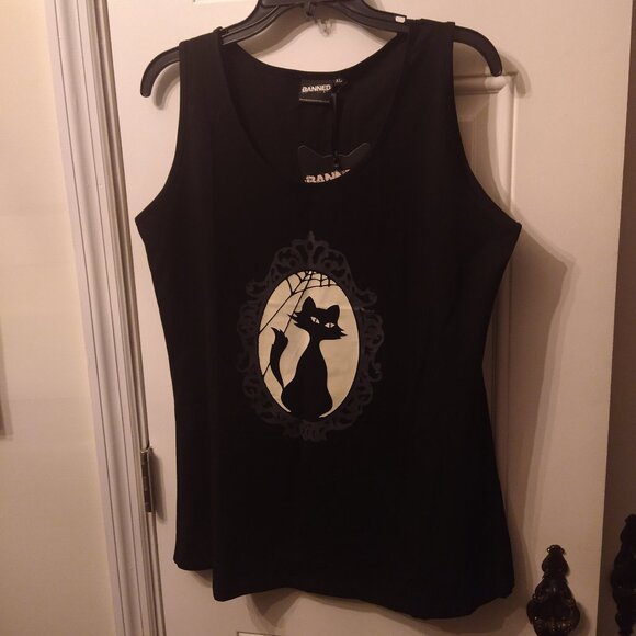 NWT GLOW IN THE DARK Cat Cameo Tank Top Banned Apparel Alternative Cobweb Kitty - Picture 2 of 14